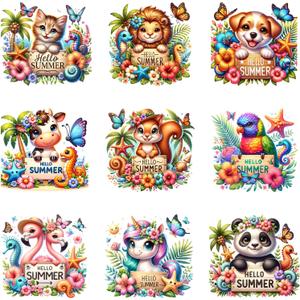 9Pcs Summer Beach Animals Iron on Decals for T-Shirt DIY Washable Heat Transfer Vinyl Stickers for Clothing Jeans Pillow Covers Applique