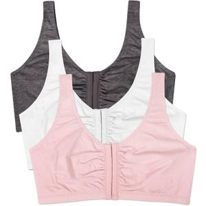 Fruit of the Loom Women's Front Close Sports Bra - Cotton Blend, Easy Fit & Built-Up Support (48, Blushing Rose/Charcoal/White 3-pack)