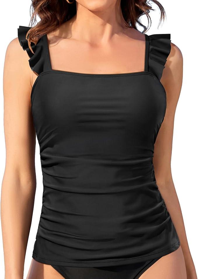 Tankini Tops for Women Swimwear - Tummy Control Bathing Suit Swim Ruffle Swimsuits Top No Bottom 2025 (Large, Black)