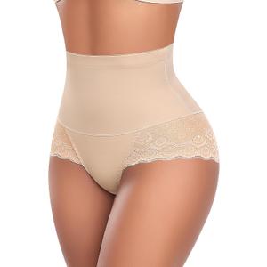 Werena Tummy Control Shapewear Panties for Women High Waist Body Shaper Underwear Lace Shaping Girdle Briefs (Beige, L)