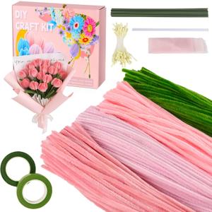 Muyuguit 400 Pcs Pipe Cleaners Craft Kit,Pink Pipe Cleaners Bulk for DIY Flower Bouquet,Multicolors Chenille Stems with Floral Wires, Gardening Tape, Stamen & Ribbon