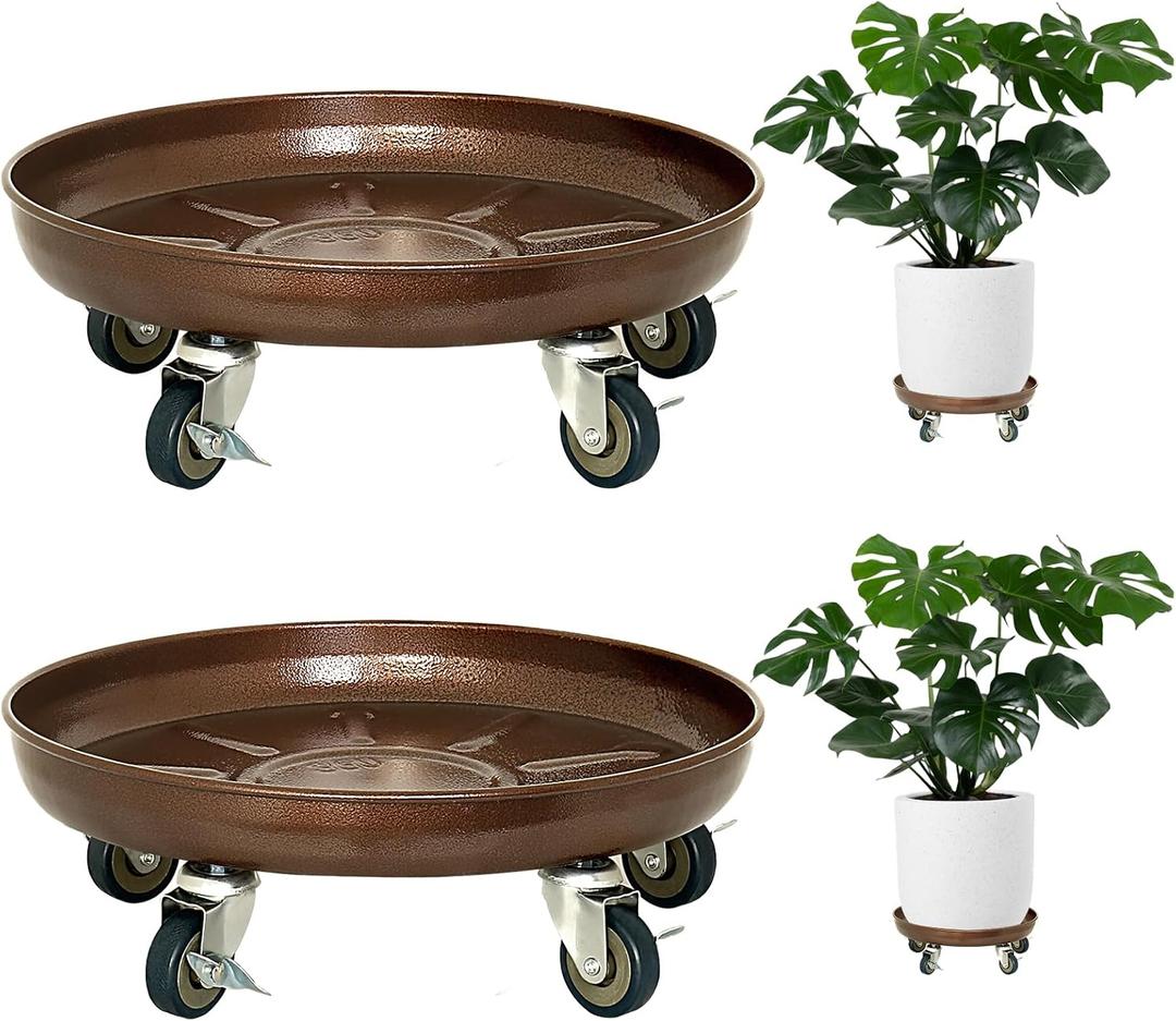 Plant Saucer 12" Rolling Plant Caddy Rolling Plant Stand with Wheels Heavy Duty Metal, Locking, Sturdy, Rust-Resistant Finish, and Easy to Move, 310 lb Capacity, 2 Pack