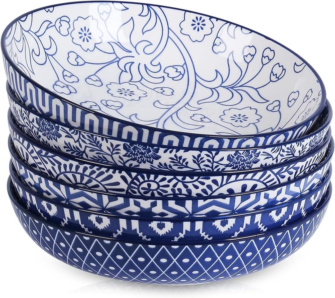 Selamica Ceramic Pasta Bowls Set 34 OZ, Large Salad Bowls 8.6 Inch Dinner Bowls for Kitchen, Wide Shallow Bowls Deep Plates for Pasta Soup, Microwave & Dishwasher Safe, Set of 6, Vintage Blue