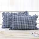 2 Pack Navy Blue White Plaid Ruffle Gingham Pillow Shams Standard Size, 100% Washed Cotton Checkered Farmhouse Shabby Pillowcases for Bed/Sofa Envelope Closure - 20''x26''