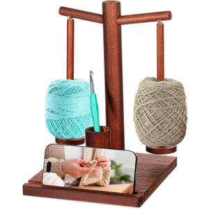 Wooden Yarn Holder for Crocheting & Knitting Upgraded Magnetic Rotating Yarn Spinner with 2 Spindles & Phone Stand Crochet Accessories Crochet Gift for Crocheting Knitting Lovers Crocheters
