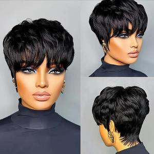 Pixie Cut Wigs Human Hair Short Wigs for Black Women Human Hair Pixie wig with Bangs Short Black Wig Layered Wigs Daily Wear 1B Color None Lace Front Wigs