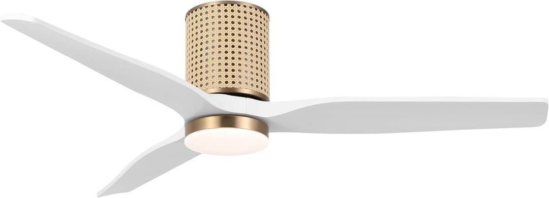 LEDLUX 52" Ceiling Fan with Light - Low Profile Flush Mount Ceiling Fan, 6-Speed Remote Control, Solid Wood, Quiet Reversible DC Motor, White/Gold Finish, for Bedroom, Living Room, Porch