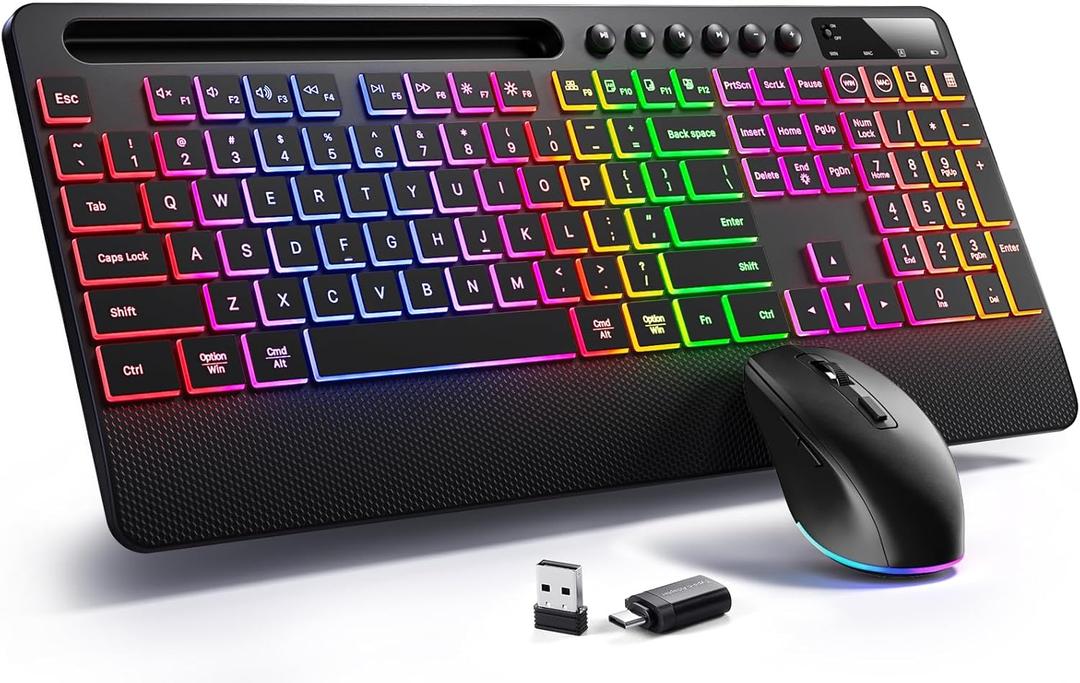 Hamile Wireless Keyboard and Mouse Combo:RGB Backlit Effects,Ergonomic Full Size Silent Keyboard,Wrist Rest,2.4G Rechargeable with Phone Holder Compatible with Windows, Mac,PC,Laptop, Black