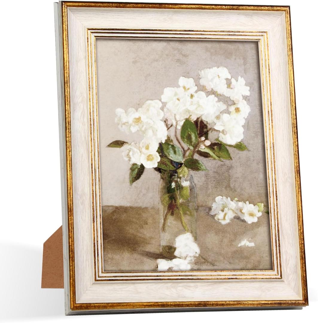 8x10 Picture Frames Vintage White Gold Line Picture Frame Antique Retro Photo Frame Wall Hang Desktop Decor Display Mothers Day Birthday Gifts for Mom Grandma Women