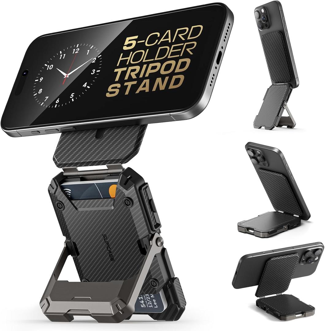 SUPCASE for MagSafe Wallet with Stand, Magnetic Wallet for Men, [Hold 5 Cards] [Adjustable Stand] [RFID Blocking] Phone Stand Credit Card Holder Tripod for iPhone 16/15/14/13/12 Series, Carbon
