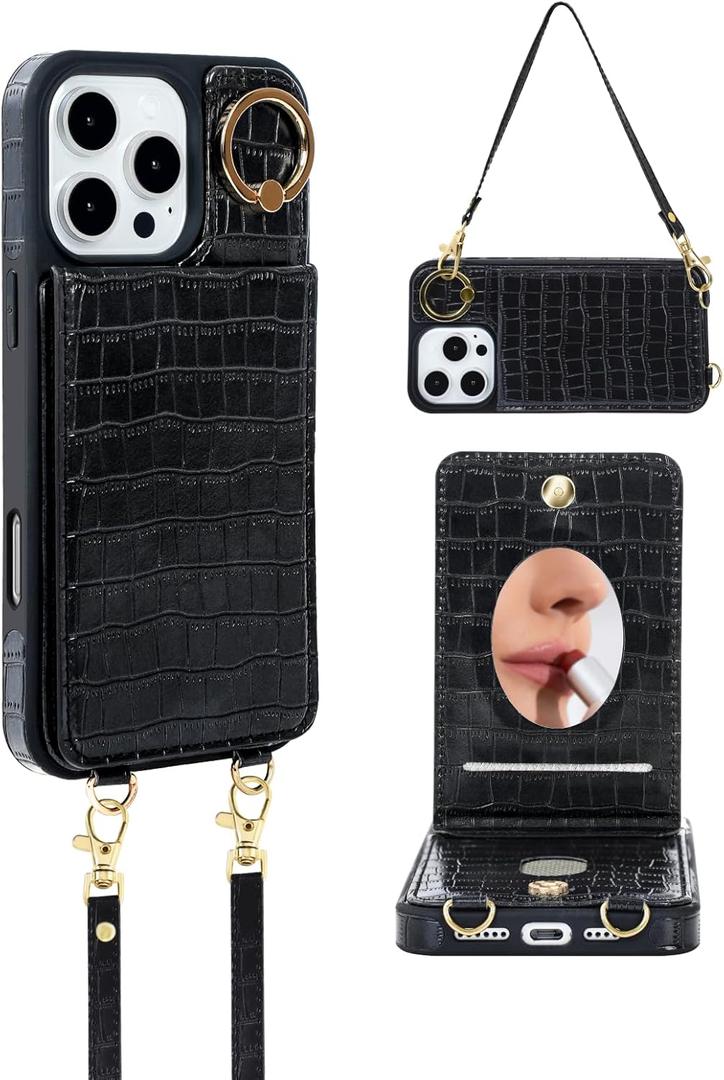 Wallet Case for iPhone 16 Pro with Mirror, Crossbody Strap & Wrist Lanyard, Kickstand Magnetic Clasps Card Holder with RFID Protection, Shockproof Cover for Women - 6.3" (Black)