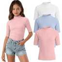 LessonZoo 3 Pack Girls' Shirts Teen Summer Tops Mock Turtleneck Slim Fit Ribbed Half Sleeve Fashion Tees Kids Clothes Trendy(Light Pink, Light Blue, White, 11-12 Years)