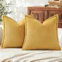 Mecatny Corduroy Throw Pillow Covers 18x18 Set of 2, Neutral Decorative Soft Boho Couch Pillow Covers with Broadside for Sofa Living Room, Mustard Yellow