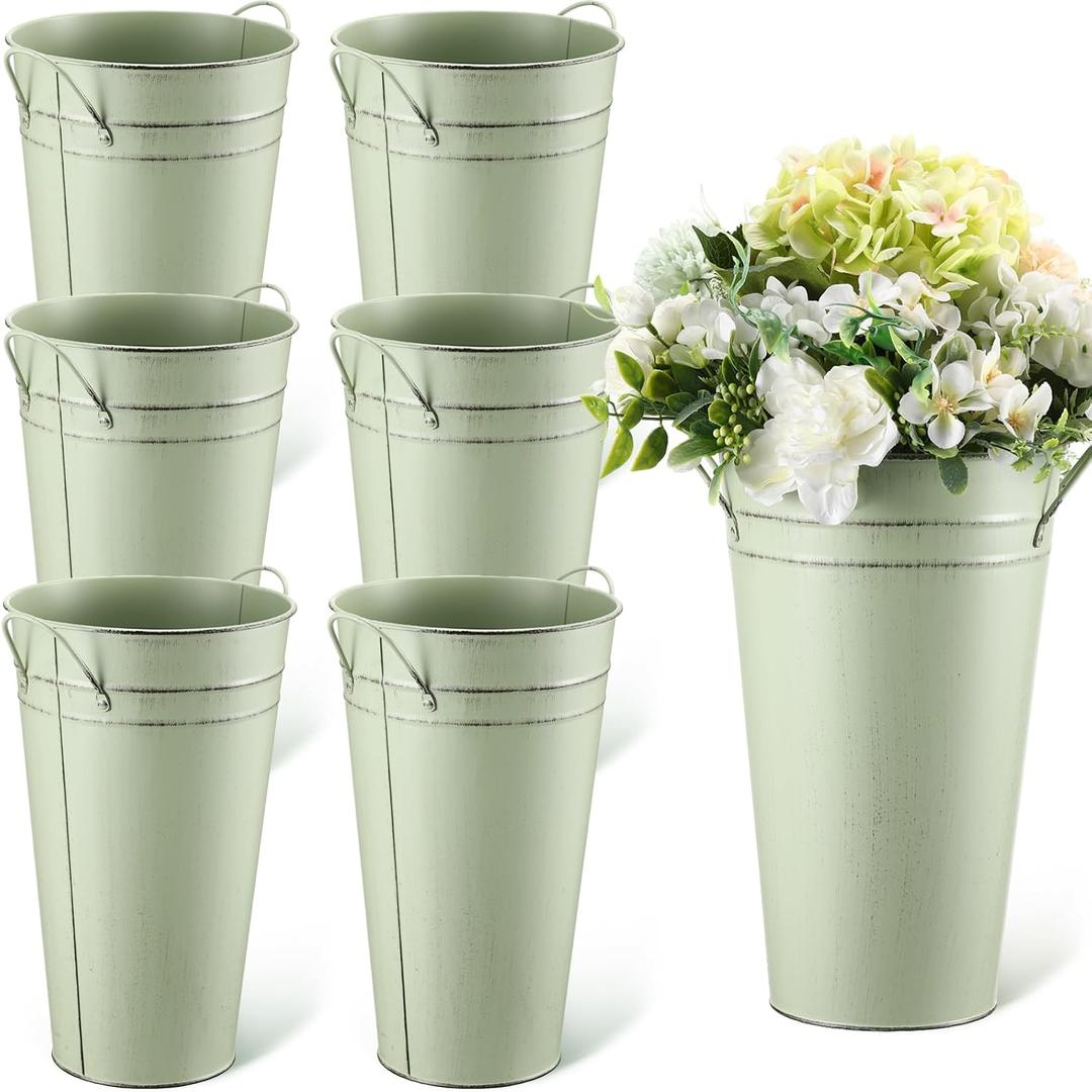 Irenare 12 Inch Vintage Galvanized Flower Bucket Metal Flower Vase Farmhouse French Bucket Planter Metal Floral Container for Party Table Centerpiece Weddings Home(Sage Green,6 Pcs)