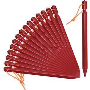 Grassman Tent Stakes, 16 Pack 9in Heavy Duty Ground pegs with Reflective Pull Ropes, Leightweight-Durable-Safe Metal Backpacking Camping Spiles (Red)