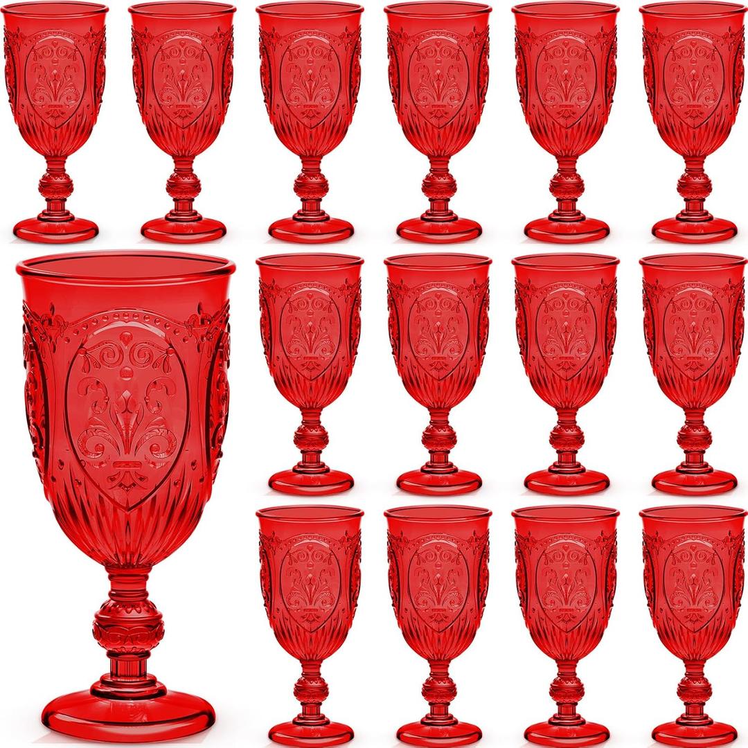 24 Pcs Plastic Goblets 7.5oz Vintage Goblet Plastic Glasses Colored Retro Embossed Water Goblets for Bar Juice Baby Shower Wedding Reception Grand Event Party (Red)