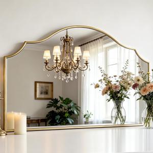 Large Scalloped Wall Mirror 47"x32" Arched Vanity Bathroom Mirror Gold Decorative Mirror for Bedroom, Living Room and Entryway