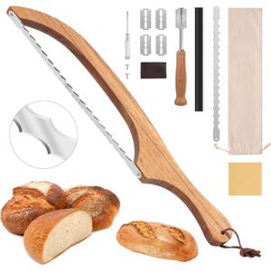 Sourdough Bread Knife, 15.7" Acacia Wood Double Serrated Bread Slicer, Ergonomic Handler, Premium Stainless Steel Bread Bow Knife for Homemade Bread, Bagels, and Baguettes (0.8mm Blade thickness)