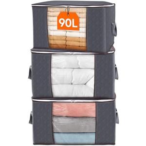 Lifewit 90L Large Storage Bags, Closet Organizers and Storage, Clothes Storage Bins with Lids, Foldable Storage Containers with Reinforced Handles for Clothing, Blanket, Bedding, Comforter 3 Pack Gray