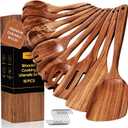 Wooden Spoons for Cooking, 10PCS Teak Wood Cookware Utensil Set with Hooks - Smooth Finish, Non-Stick, Comfortable Grip, Heat Resistant Kitchen Utensils