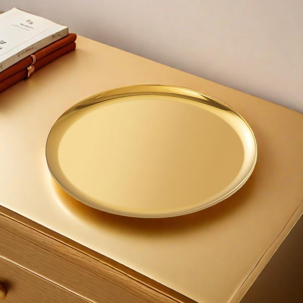 Large Round Stainless Steel Tray,Round Gold Trays,Service Tray,Decorative Tray,Jewelry and Cosmetic Storage Tray.Diameter 11.02 inches / 28cm.Gold, 1 Piece