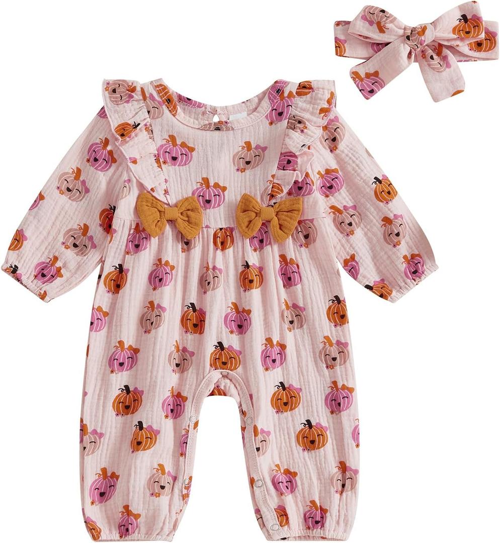 3 Packs Halloween Baby Girl Outfit Infant Fall Clothes Long Sleeve Bubble Romper Pumpkin Bodysuit Jumpsuit with Headband (0-3 Months)