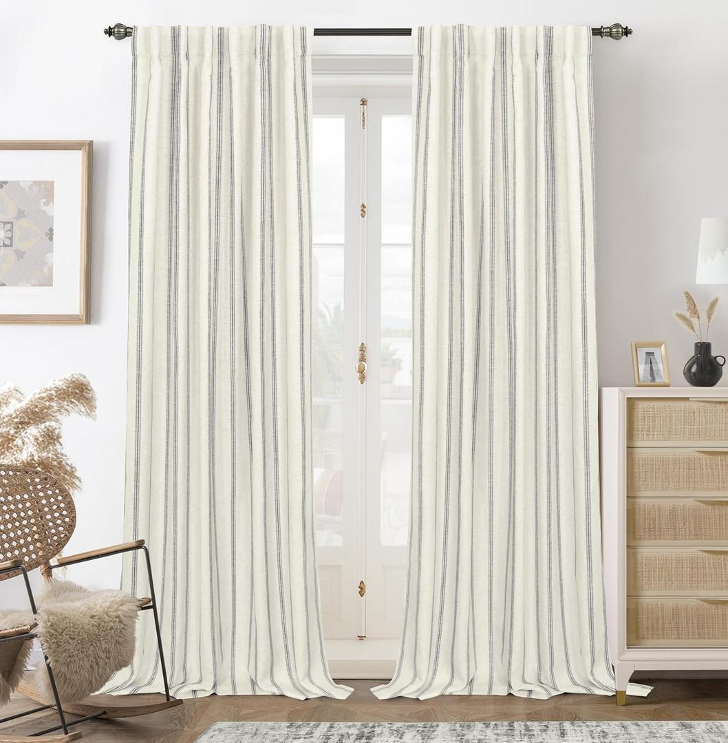 DriftAway Farmhouse Linen Blackout Curtains 96 Inches Long for Bedroom Striped Double Layer Thermal Insulated Sound Reducing Lined Back Tab Rustic Drapes for Living Room 2 Panels W52 x L96 Gray