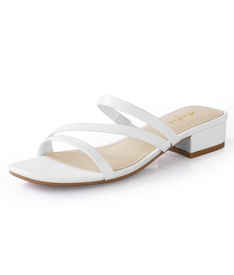 Ankis Black Nude White Strappy Heels Women 1 Inch Low Chunky Block Heel Heeled Sandals Square Open Toe Slip On Slides Mules 38
