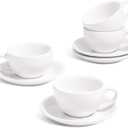 LE TAUCI 3 oz Espresso Cups with Saucers, Set of 4 Ceramic Demitasse Cup and Saucer Set for Double Espresso Shot, Lungo, Ristretto, Embossed Coffee Cups, White