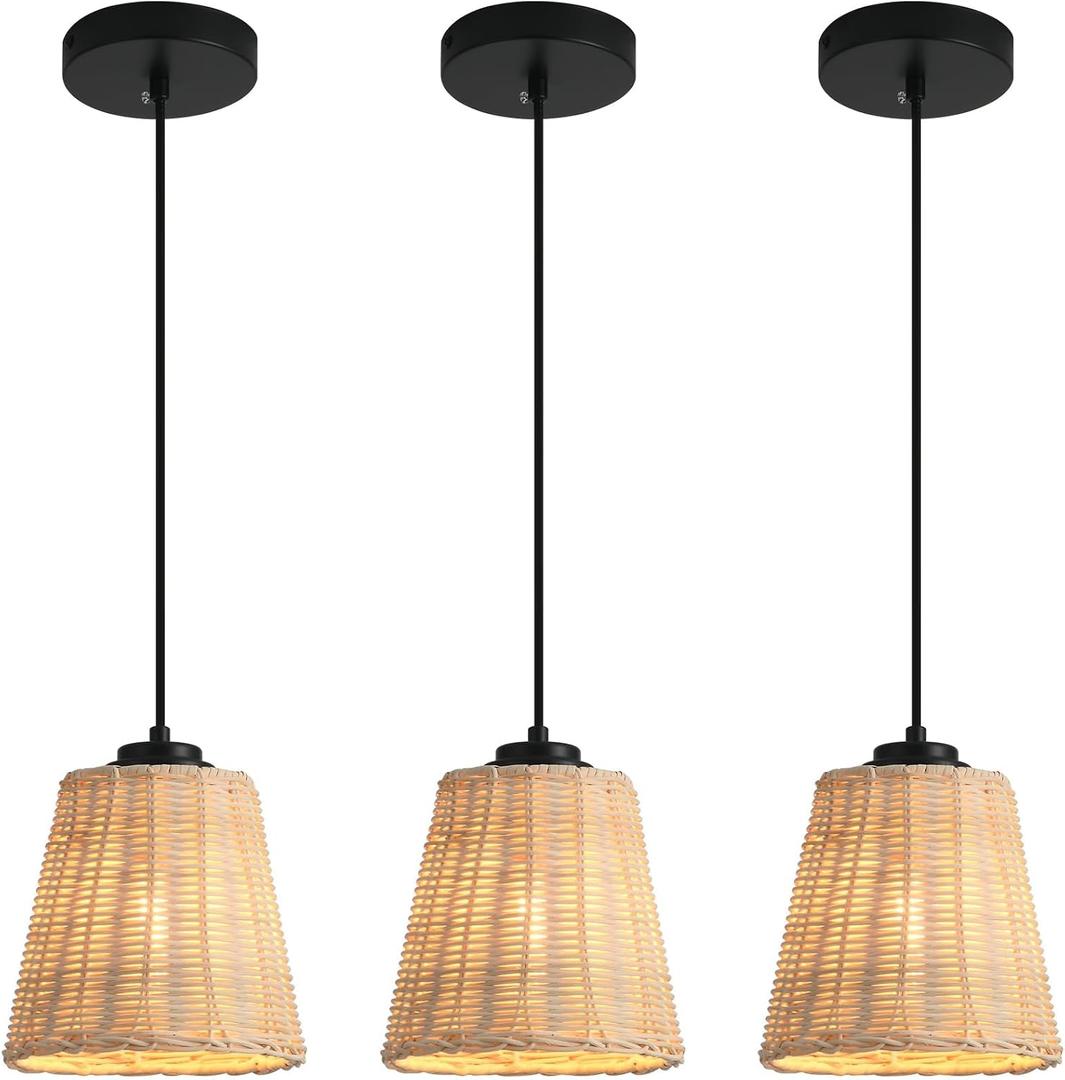 3 Pack Mini Rattan Pendant Lights Fixtures,6.54in Hand-Woven Boho Chandelier Rustic Farmhouse Wicker Pendant Hanging Light Fixtures for Kitchen Island Hallway Dining Room