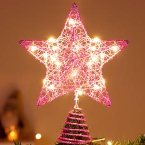 Joiedomi 8 inch Christmas Glitter Star Tree Toppers, Pink Star Lighted with 20 LED Warm White Lights for Xmas Decorations, Holiday Party Indoor Decor