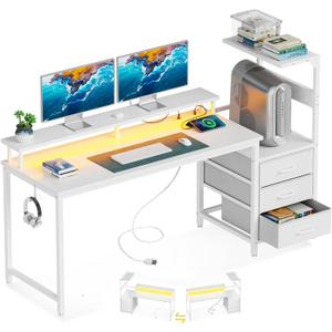 AODK 59 Inch Gaming Desk with USB Charging Ports & LED Light- Reversible Computer Desk with Storage Shelves & Monitor Stand, Modern Gamer Desk Table with Fabric Drawers & Side Hook, Carbon Fiber White