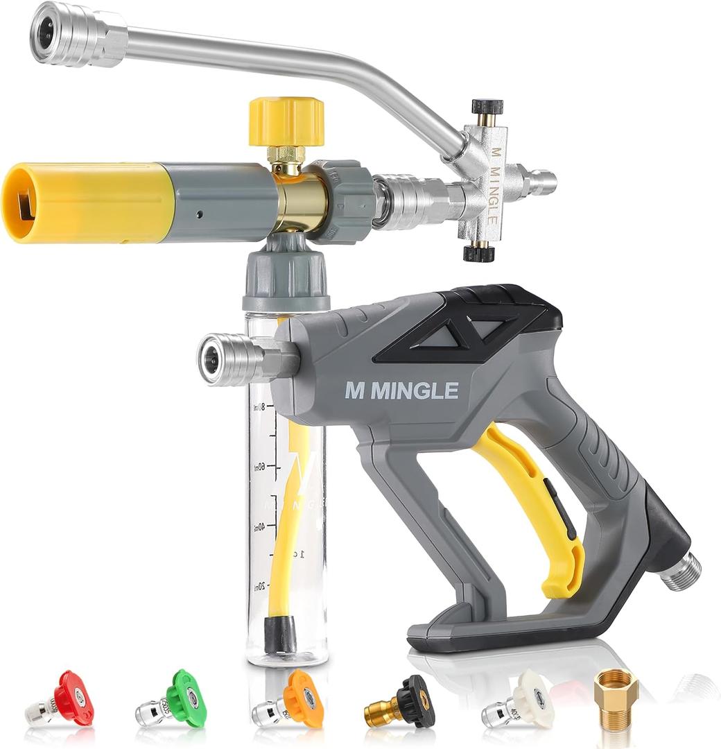 M MINGLE Pressure Washer with Mini Foam Cannon, Dual Connector Accessory, Undiluted Foam Blaster with 5 Nozzle Tips, 1/4" Quick Connect for Car Wash, Patio, Deck Cleaning