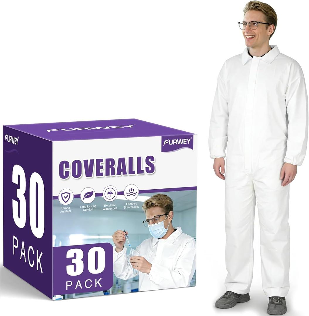 FURWEY Hazmat Suits 30 Pack Non-Hooded Protective Coveralls with Elastic Wrists, Ankles, (X-Large)