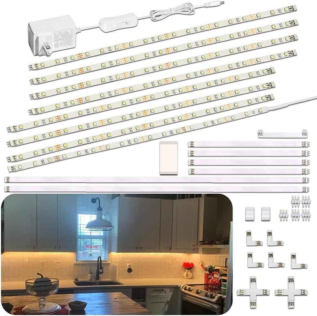 WOBANE Under Cabinet Lighting Kit,8PCS 12 inch Led Light Bars,Under Counter Lights for Kitchen,Cupboard,Desk,Bookcase,Shelf,Showcase Display,DIY Tape Light,Variety Connectors,1200lm,2700K Warm White