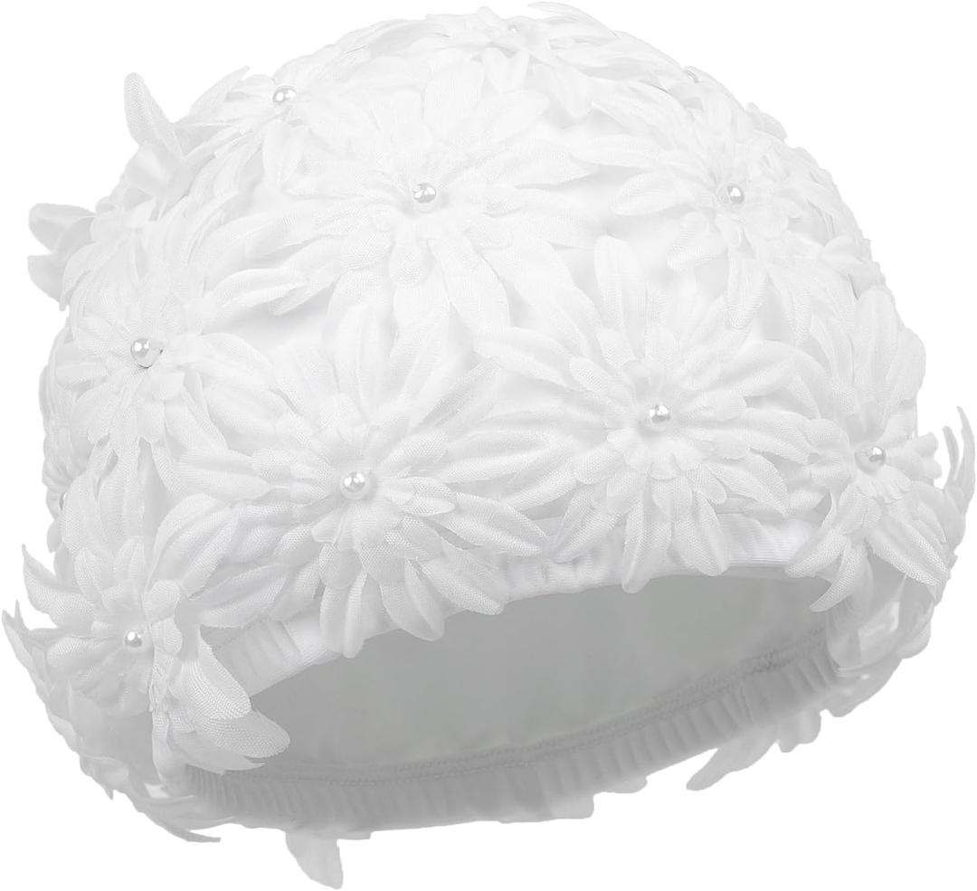 Womens Flower Beaded Swim Cap Youth Girls Waterproof Floral Petal Swimming Cap Headwear High Elasticity Hair Protection Bathing Cap for Pool, Spa, Beach (White)