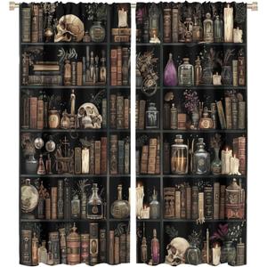 Gothic Library Book Blackout Curtains, Retro Bookshelf Skull Floral Candles Home Decor Rod Pocket Window Drapes for Living Room Bedroom- 2 Panels 45" L x 42" W