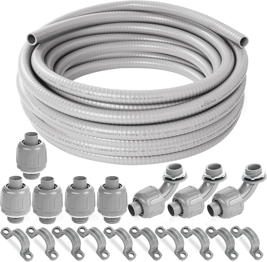 (1/2" Dia * 50 Feet) Yariwiz Flexible Electrical Conduit Liquid Tight PVC Conduit Kit with 5 PCS Coupling, 3 PCS Elbow and 10 PCS Strap, Sealtight Seal Flex Liquidtight Wire Outdoor Non Metallic Grey