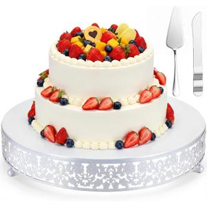 Wenqik 14 Inch White Cake Stand Set Metal Round Cupcake Dessert Stand with Cake Cutting, Flower Spatula Wedding Cupcake Pastry Display Candy Holder Display for Wedding Party Birthday Baby Shower