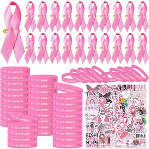150 Pcs Breast Cancer Awareness Gift Set Include Pink Ribbon Silicone Bracelets Lapel Pins Stickers for Breast Cancer Charity Event Fundraising Activity Women Survivor Campaign Party Supplies