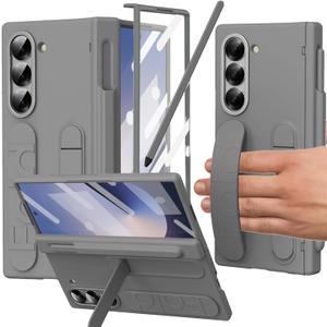 YQODSZ for Samsung Galaxy Z Fold 6 Case with Finger Strap, S Pen Holder & Stylus, Z Fold 6 Kickstand Case with Hand Strap, Hinge Protection, Screen Protector, Grey