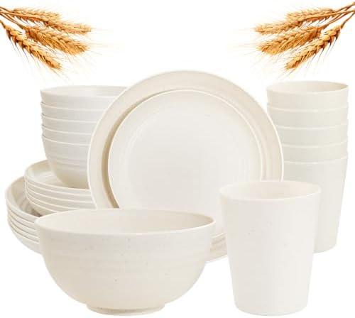 Rubtlamp Wheat Straw Dinnerware Sets, Unbreakable Reusable Plastic Wheat Straw Bowls & Plates Dinner Set, Microwave And Dishwasher Safe Plates, 24 Plates, 8Bowls, 7Cups for Party (Beige)