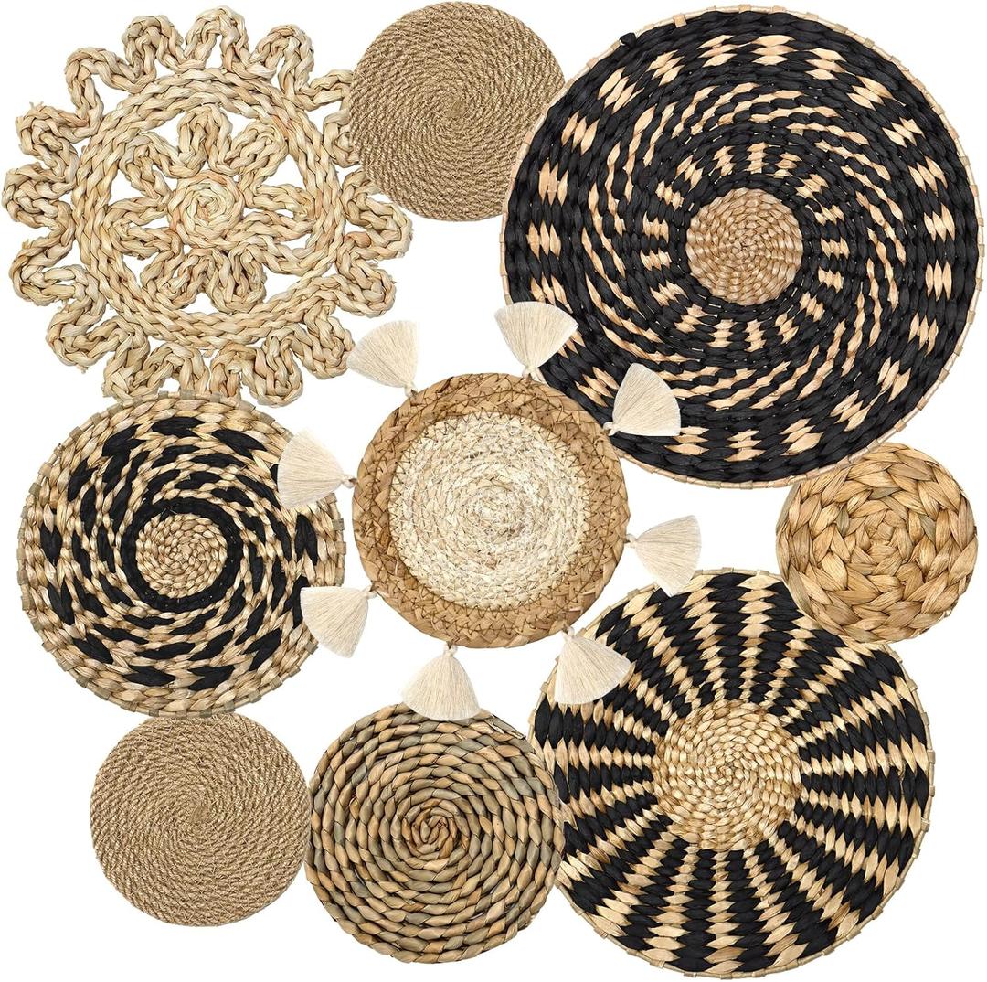 LOMOHOO Set of 9 Boho Wall Basket Decor Wicker Woven Wall Basket Decorations Bohemian Handcrafted Round Basket Hanging decor Bulrush Wall Art Decors for Living Room Rustic Home (Modern)