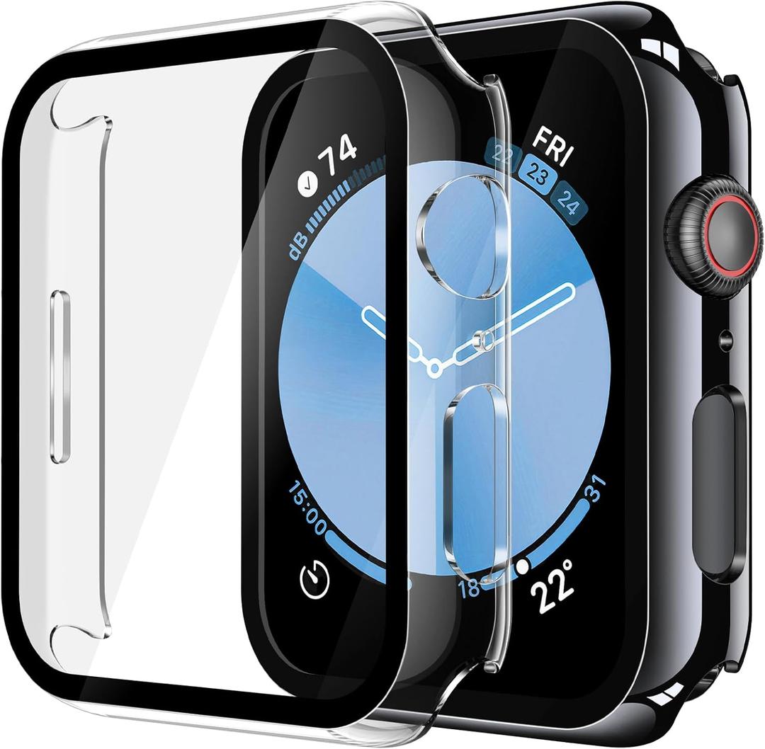Misxi 2 Pack Tempered Glass Case Compatible for Apple Watch SE 3 (2025) SE 2 SE Series 6 Series 5 Series 4 40mm, Hard PC Screen Protector Protection Ultra-Thin Cover for iWatch, 1 Jet Black + 1 Transparent