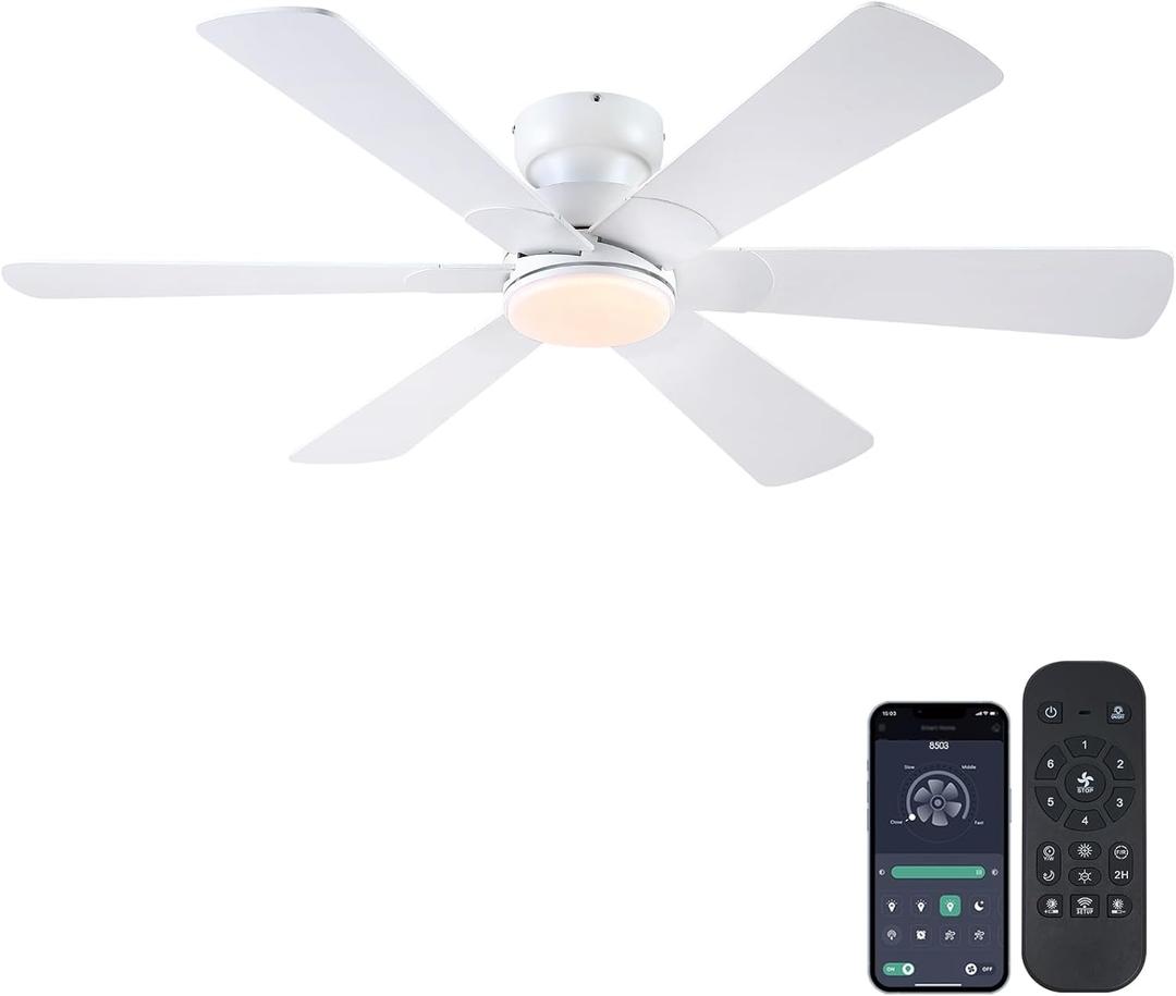 52 inch Ceiling Fans with Lights, Ceiling Fan with Remote APP, Dual-Sided Modern/Rustic 6 Blades, Reversible, 3CCT, Flush Mount Low Profile Ceiling Fan with Lights Bedroom Kitchen Indoor White