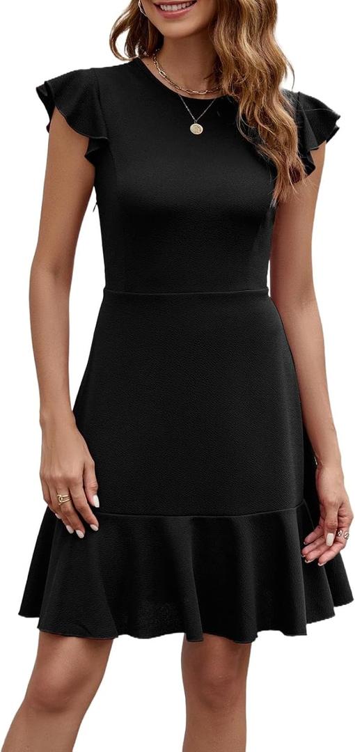 HELYO Women's Summer Elegant Cocktail Club Dress Ruffle Hem Short Flutter Sleeve Flowy Wedding A-Line Casual Dresses 619, Small 