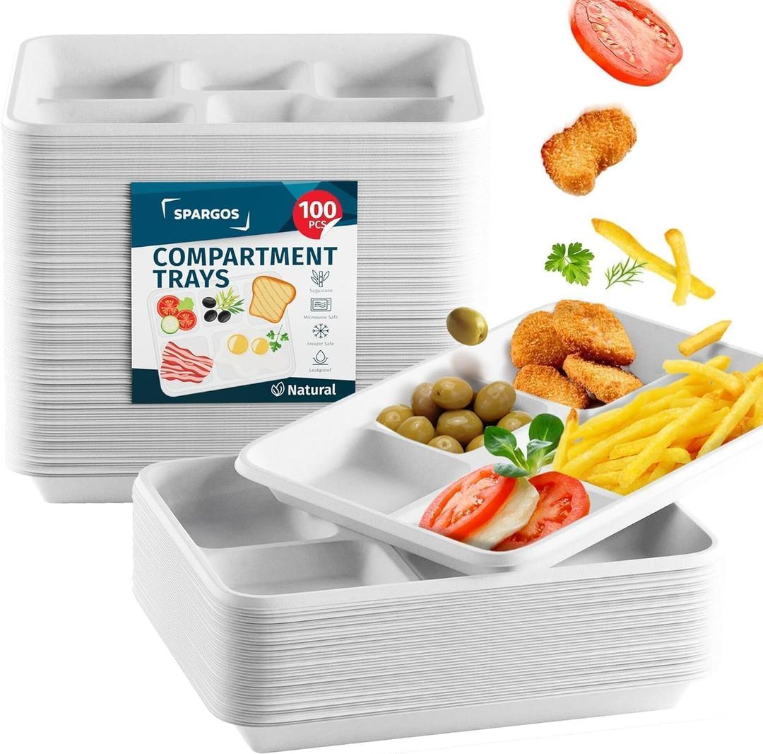 5 Compartment Plates Disposable Heavy Duty (100 Pack) Trays 12.5" x 8.6" - Sugarcane School Trays - Disposable Plates with Compartments Sectioned - Environmentally-Friendly Paper Dividers