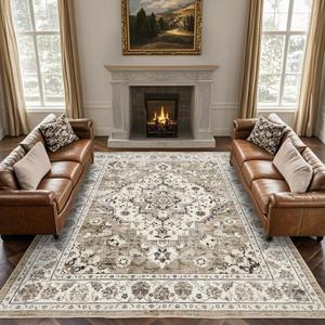 Area Rug for Living Room - Vintage Indoor Machine Washable Rug for Bedroom Dinning Room Floor - Soft Low-Pile Carpet Non-Slip Backing Floral Rugs for Office (Ivory/Beige, 9'  12') (9' x 12' (Rectangular))