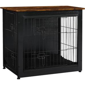 DWANTON Dog Crate Furniture with Cushion, Wooden Kennel Table with Double Doors, Indoor Dog House, Small/Medium/Large Size, 27.2" L, Black+Rustic Brown