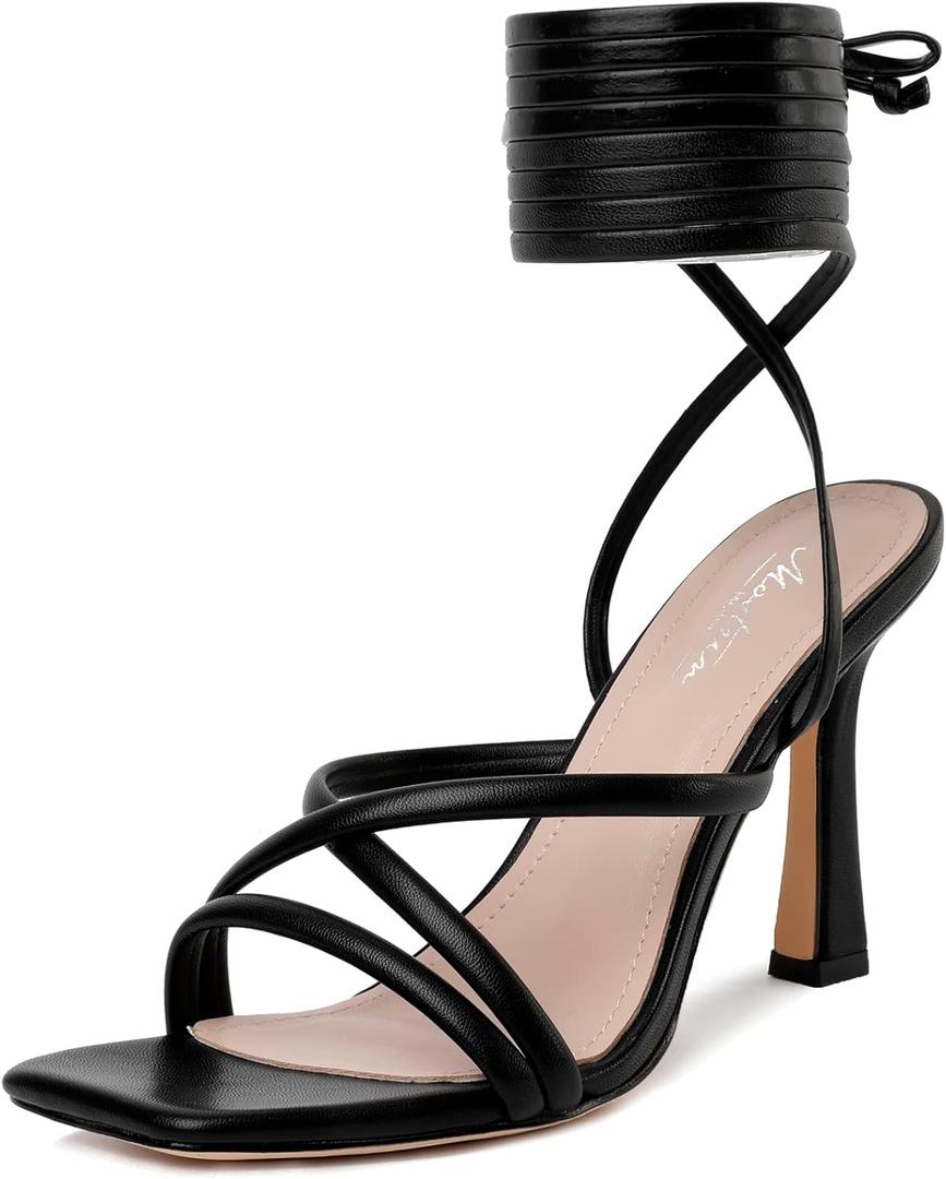 Mostrin Women's Sandals Strappy Heels for Women Lace Up Square Open Toe Heels Tie Up High Heeled Sandals for Prom, Party, Daily Wear (7.5, Black2)